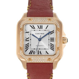 Pre-owned Cartier Santos Automatic Mens Watch WJSA0007 - Rose Gold Case, Diamond Bezel, Red Leather Strap
