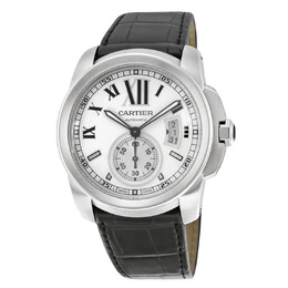 Cartier 42 mm Calibre De Cartier Silver Dial Black Leather Mens Watch w7100037