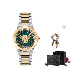 Versace Наручные часы с кварцевым механизмом, ремешком из нержавеющей стали, 38 мм, зеленый циферблат, унисекс, лимитированная коллекция Fortune Box + шелковый шарф ve3f00422 | green