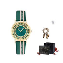 Versace Наручные часы с кварцевым механизмом, кожаным ремешком, 36-дюймовым зеленым циферблатом, женские часы, лимитированная серия Fortune Box + шелковый шарф ve3m00322 | green plate box included