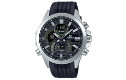 Casio Мужские часы EDIFICE с кварцевым механизмом, ремешком из смолы и черным циферблатом ecb-30yp-1-person