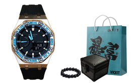 Casio Мужские часы с двойным дисплеем, жидкокристаллическим/аналоговым циферблатом, 44 мм, черные ga-2100-1a1改装-玫金黑碧蓝钻