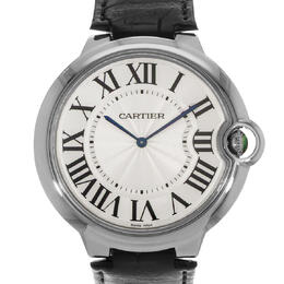 Pre-owned Cartier Ballon Bleu Mens Watch W6920055 44mm Hand-Wind Silver Dial Gold Case Black Strap