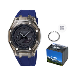 Casio Унисекс-часы с двумя жидкокристаллическими/аналоговыми дисплеями, черные ga-2100-1a1改装-黑透明表壳蓝色胶带