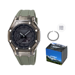 Casio Унисекс-часы с двумя жидкокристаллическими/аналоговыми дисплеями, черные ga-2100-1a1改装-黑透明表壳灰绿色胶带