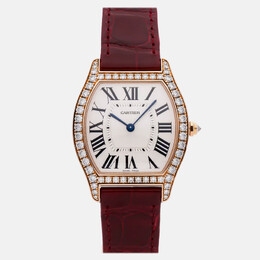 Cartier Women's Tortue Manual Winding 18k Rose Gold Watch, Cream Strap - Ref WA501008