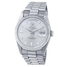 Pre-owned Rolex Day Date Automatic Chronometer 18K White Gold Diamond Dial Mens Watch - Model: SDP