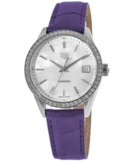 Brand New Authentic Tag Heuer Carrera Quartz Mother of Pearl Dial Diamond Purple Leather Strap Women's Watch WBK1316.FC8261