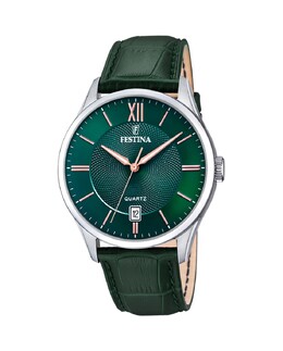 Мужские часы F20426/7 Классический зеленый кожаный ремешок Festina, зеленый 8430622795640 | verde