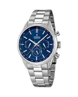 Мужские часы F16820/2 Timeless Chronograph из стали и синего циферблата Festina, серебро 8430622618680 | plata
