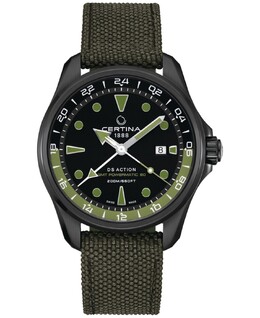 Мужские швейцарские автоматические часы DS Action GMT с зеленым синтетическим ремешком, 43 мм Certina 16224956 | black