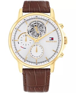 Мужские многофункциональные коричневые кожаные часы 44 мм Tommy Hilfiger, серебро 18247280 | silver