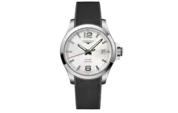 Мужские часы с кварцевым механизмом Longines, корпус 41 мм из нержавеющей стали, белый циферблат, ремешок из резины l37164769