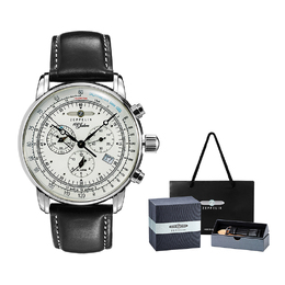 Zeppelin Часы Quartz Movement Men's Watch Watch White Dial Stainless Steel Case Genuine Leather Strap 8680-3