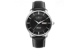 Zeppelin Часы Quartz Movement Men's Watch Watch Black Dial Stainless Steel Case Genuine Leather Strap 8466-2