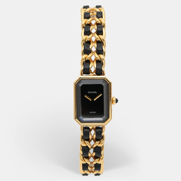 elegante und ikonische Chanel Première H6951 Uhr mit Lederarmband in Schwarz und Stahl-Gliedern im Gold-Plated-Look